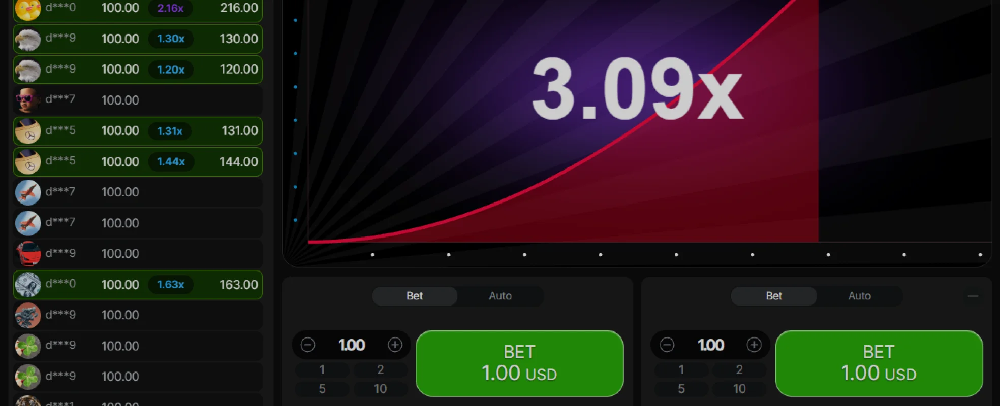 Aviator crash game interface showing multiplier and betting options
